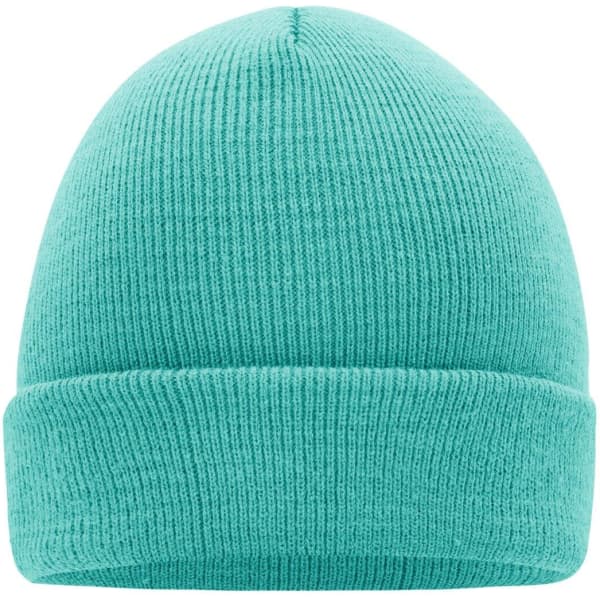 A knitted beanie in a bright teal colour with a folded cuff. It has a simple design and features a logo.