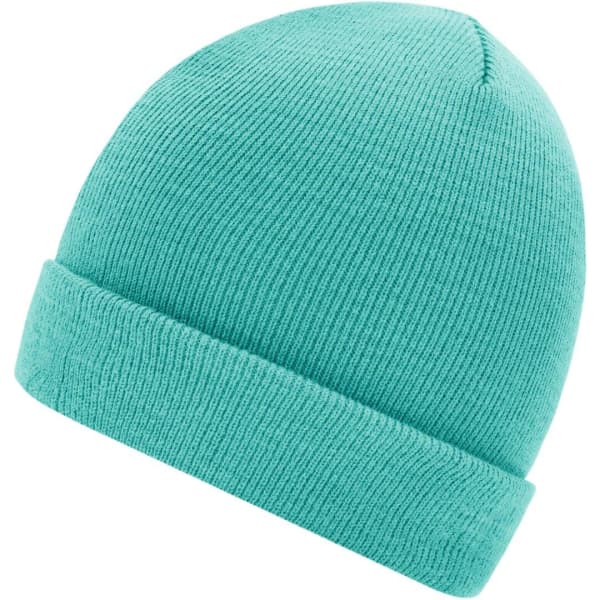 A teal knitted beanie with a folded cuff and a simple design, featuring a logo.