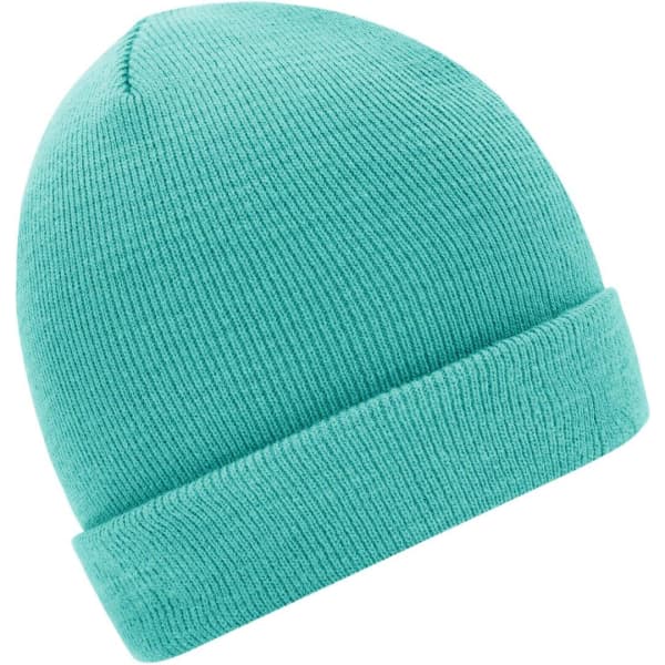 A knitted beanie in a bright teal colour with a fold-over cuff, featuring a logo.