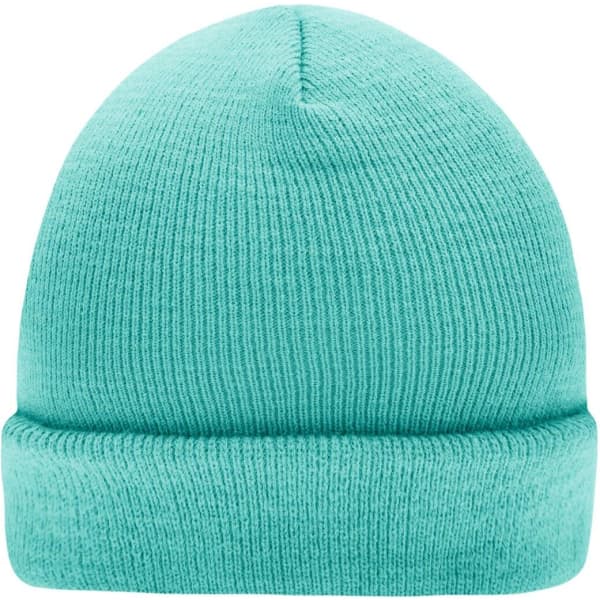 A knitted beanie in a bright teal colour, featuring a rolled-up brim and a textured knit pattern.