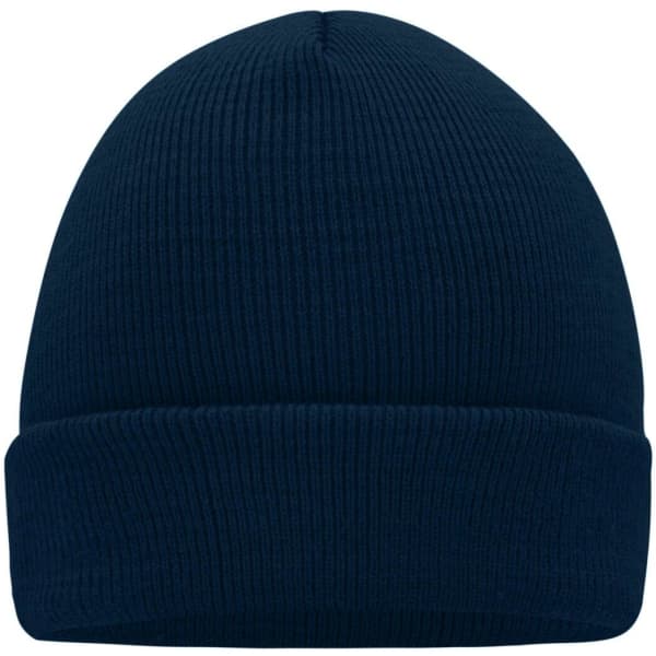 A knitted beanie in dark navy blue with a folded cuff. The beanie has a plain design and features a logo.