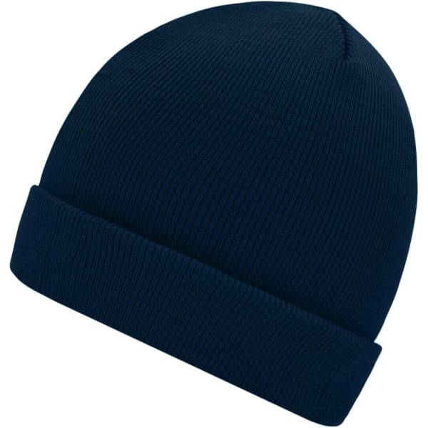 A knitted beanie in navy blue with a folded cuff and a textured pattern. Features a logo.