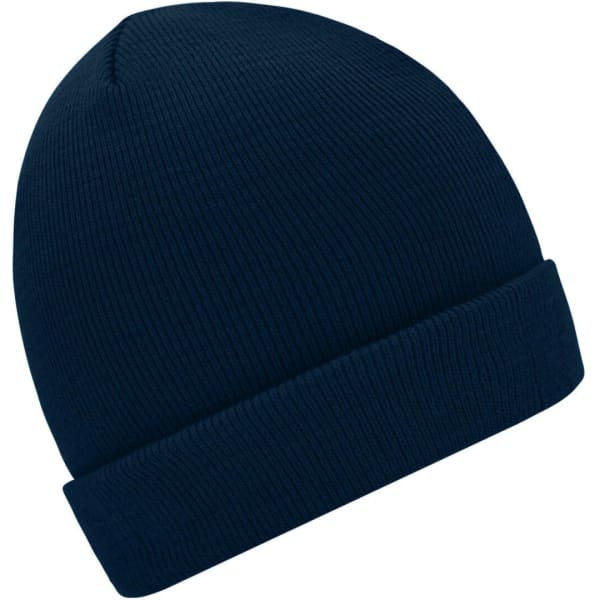 A knitted beanie in a deep navy blue colour with a rolled brim. It features a logo on one side.