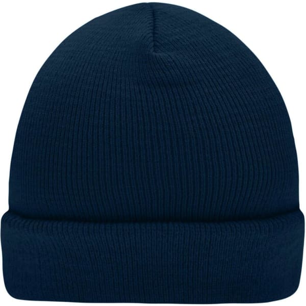 A knitted beanie in dark navy blue with a folded cuff and ribbed texture. It features a logo on the side.