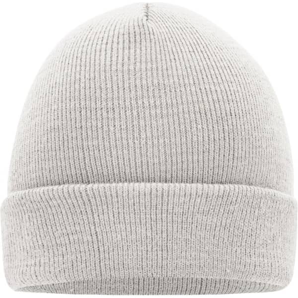 A grey knitted beanie with a folded cuff. The beanie features a simple design and has a logo.