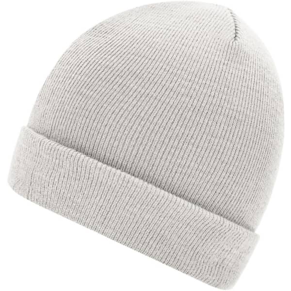 A light grey knitted beanie with a folded cuff and a simple design. It has branding on the inside.