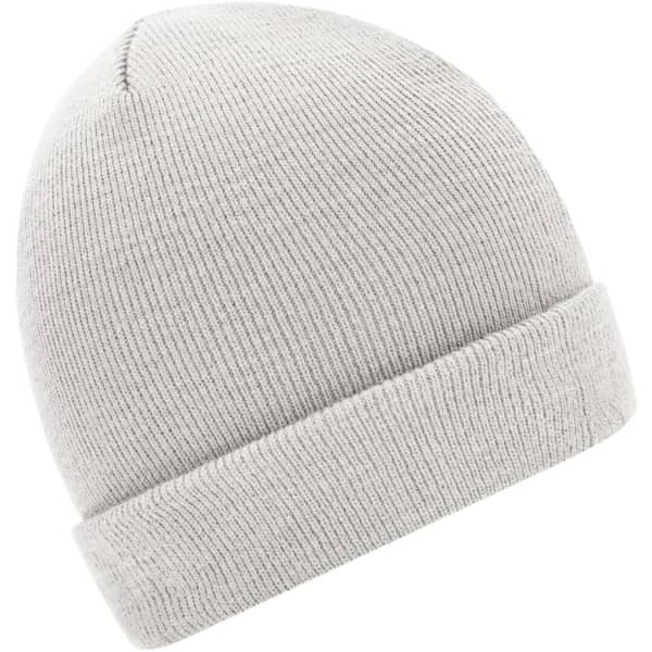 A grey knitted beanie with a turned-up cuff, featuring a simple logo on the side.