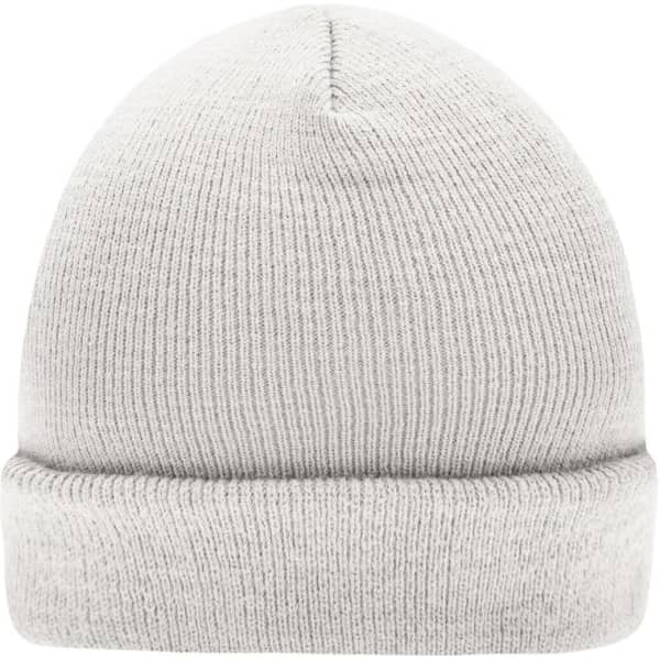 A knitted beanie in light grey, featuring a folded cuff and a textured finish. It includes a logo.