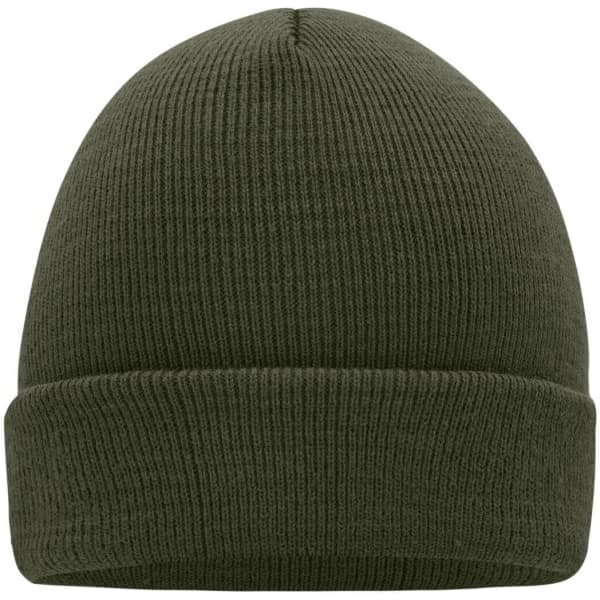 A knitted beanie in olive green with a snug fit and a folded brim. It features a logo on the side.