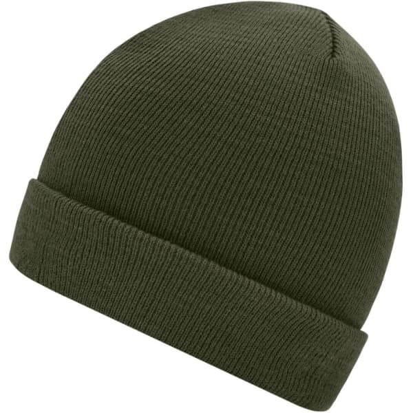 A knitted beanie in olive green, featuring a ribbed texture and a folded cuff, with a logo on the front.