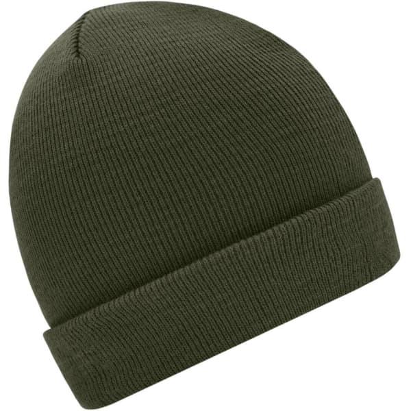 A knitted beanie in olive green, featuring a folded cuff and ribbed texture. It has a brand logo on the side.