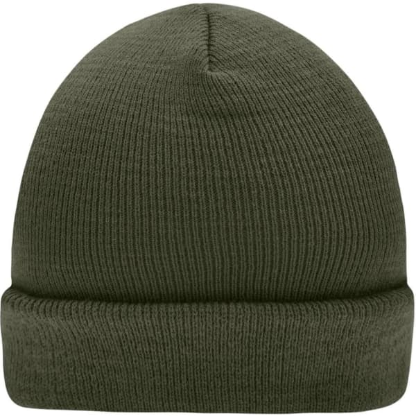 A knitted beanie in olive green, featuring a ribbed texture and a folded cuff. It has a brand logo.