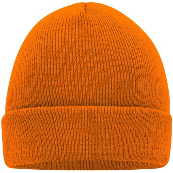 An orange knitted beanie with a rolled cuff design, featuring a logo on the side.