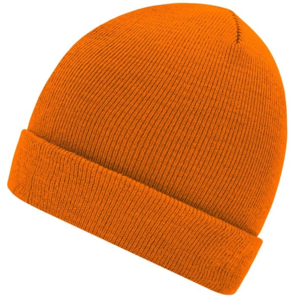 An orange knitted beanie with a rolled cuff, featuring a logo.