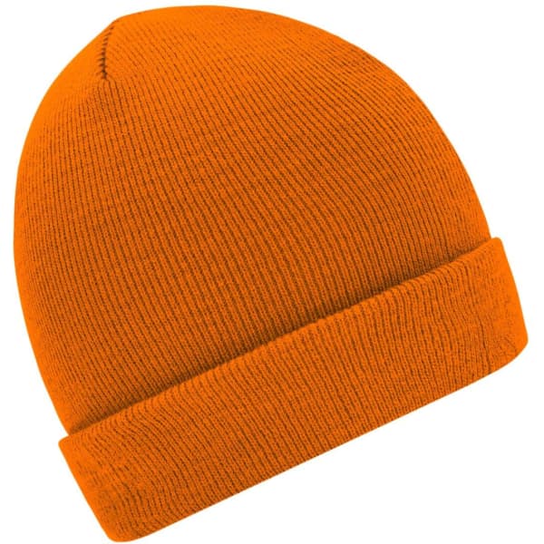 An orange knitted beanie with a folded cuff and ribbed texture, featuring a logo.