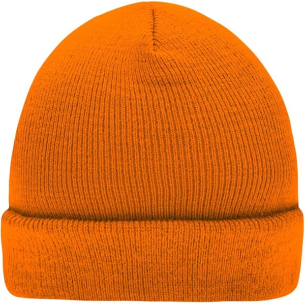 An orange knitted beanie with a folded cuff and a ribbed texture, featuring a logo on the side.