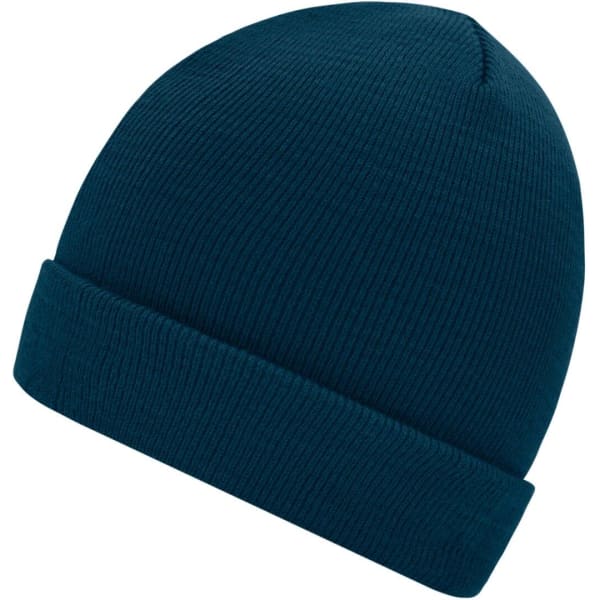 A knitted beanie in a deep teal colour with a ribbed texture and rolled cuff. It features a logo on the side.