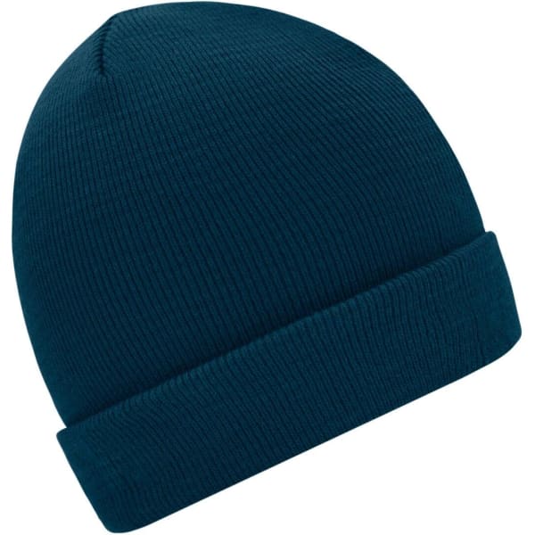 A knitted beanie in a deep teal colour with a fold-over cuff and a ribbed texture.