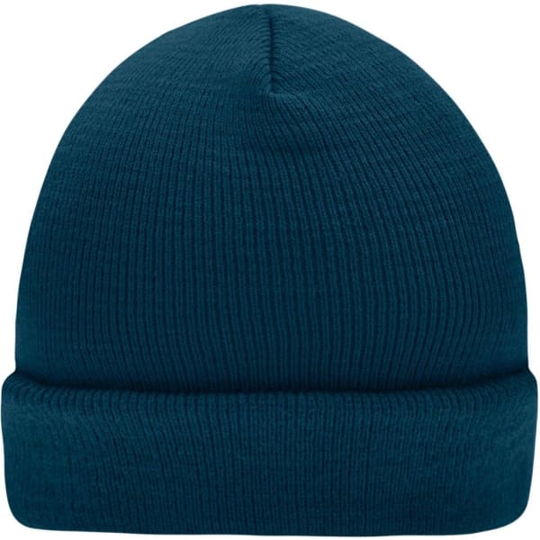 A knitted beanie in a deep teal colour with a ribbed texture and a rolled cuff. It features a branding logo.