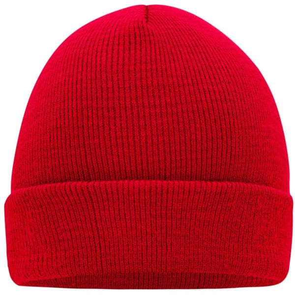 A red knitted beanie with a ribbed texture and folded cuff, featuring a logo.