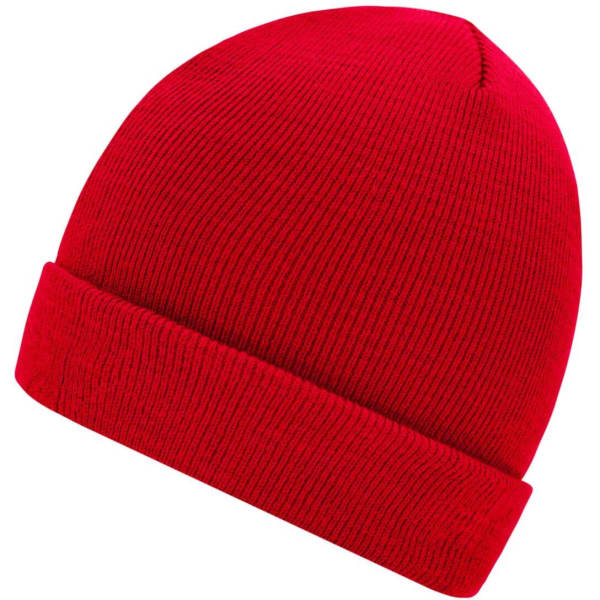 A red knitted beanie with a rolled cuff, featuring a logo on the side.