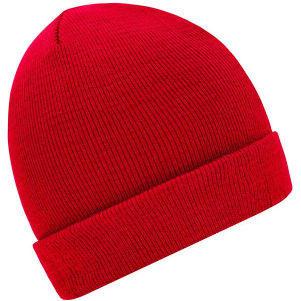 A red knitted beanie with a folded brim, featuring a simple design and a logo on the side.