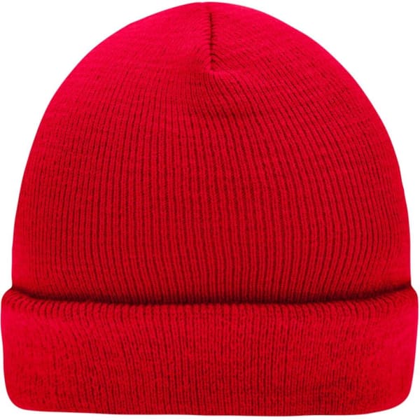 A red knitted beanie with a ribbed texture and rolled cuff. It features a logo on the side.