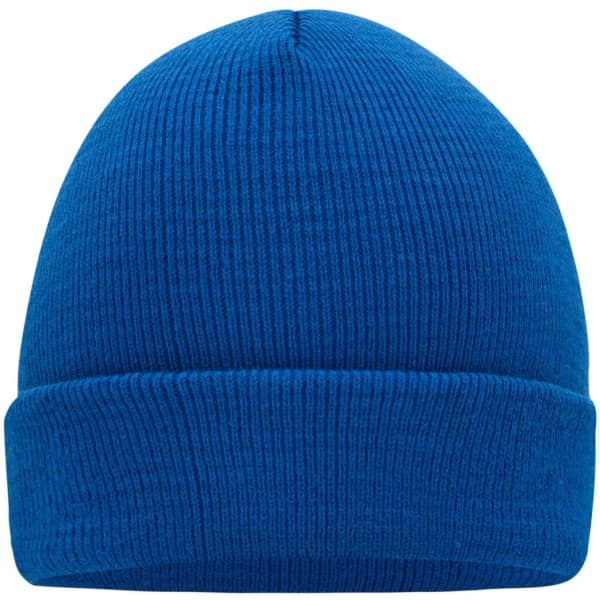 A knitted beanie in a bright blue colour with a ribbed texture and folded brim. It features a logo on the side.