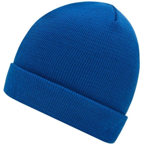 A knitted beanie in vibrant blue, featuring a rolled cuff and ribbed texture. It has a logo on the side.