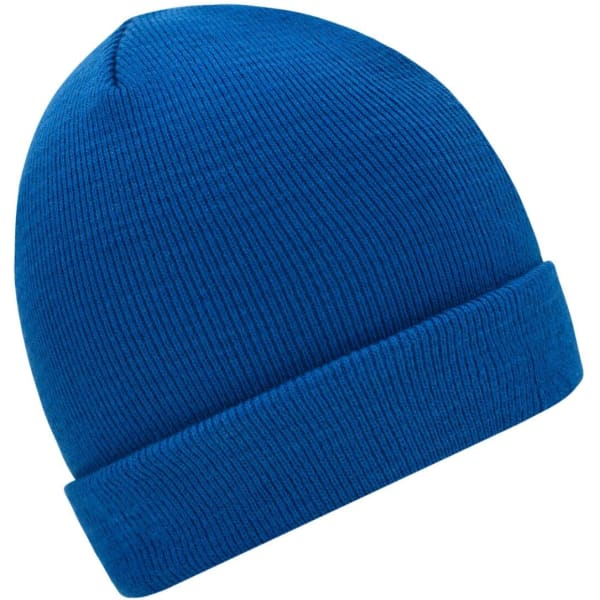 A blue knitted beanie with a ribbed texture and a folded cuff. The beanie features a logo.