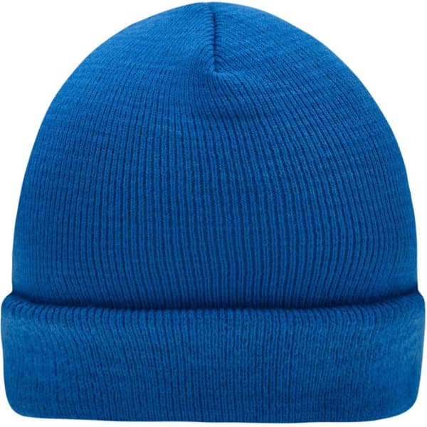A blue knitted beanie with a ribbed texture and a folded cuff. It features a logo on one side.