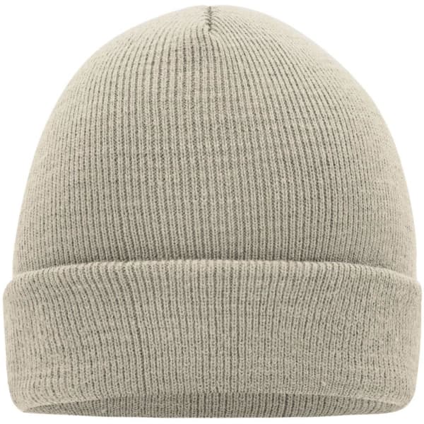 A knitted beanie in a soft grey colour with a folded cuff. It features a simple design and has branding.