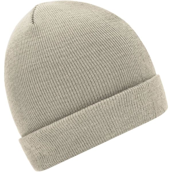 A knitted beanie in a light grey shade, featuring a rolled cuff and ribbed texture. It has a logo on the side.