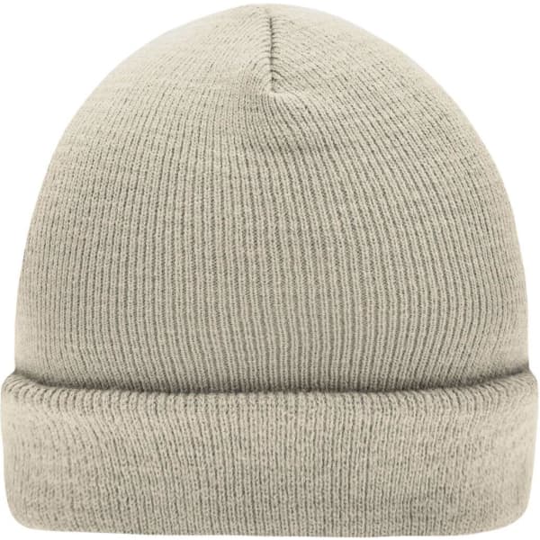 A knitted beanie in a light grey colour, featuring a rolled cuff and a simple design.