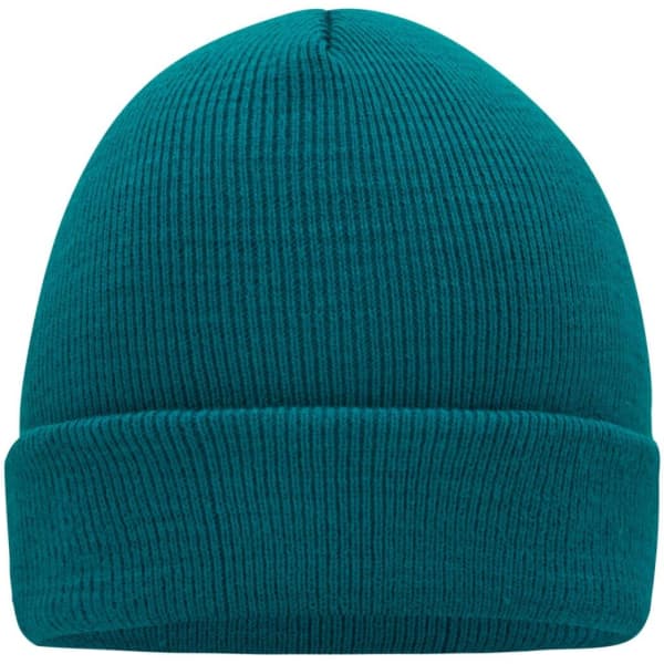 A teal knitted beanie with a folded cuff and a smooth texture. The beanie has a simple design and no visible logos.