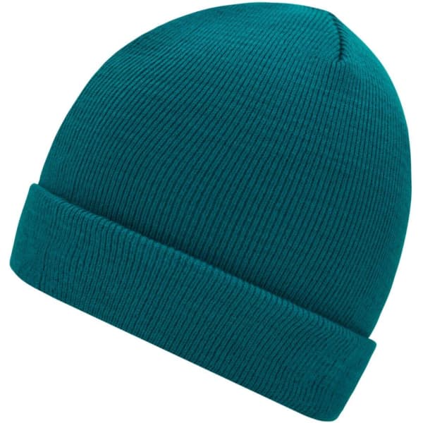 A knitted beanie in a deep teal colour, featuring a rolled cuff and a textured design. It has a logo on the side.