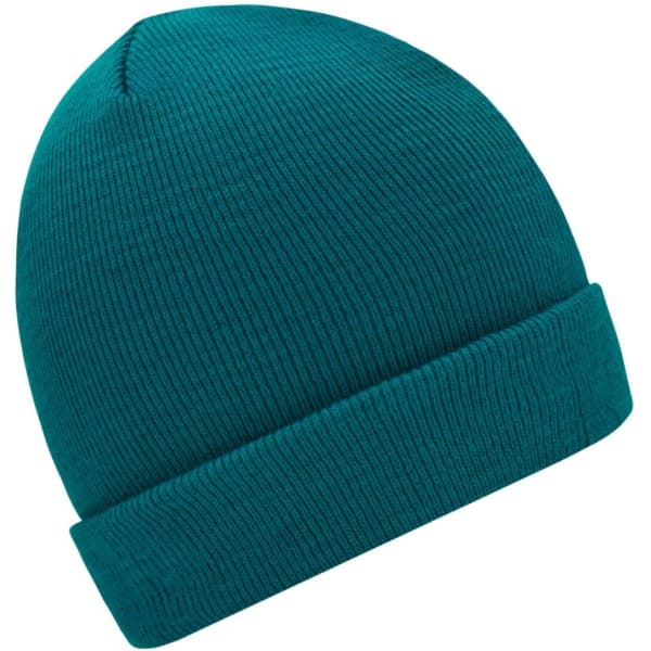 A knitted beanie in teal colour with a ribbed texture and a folded cuff. Features a branding logo.