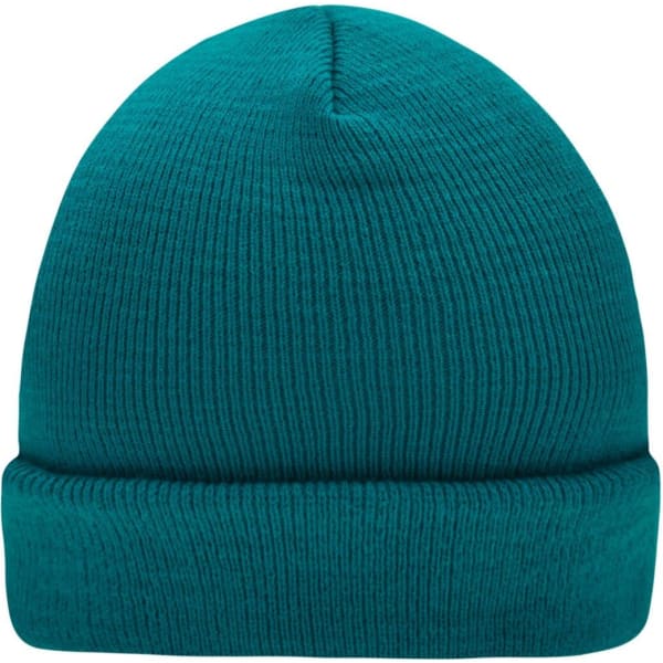 A teal knitted beanie with a ribbed texture and folded brim, featuring a logo.