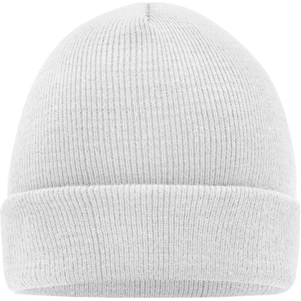 A knitted beanie in white with a folded cuff and a simple design. It features a logo on the side.