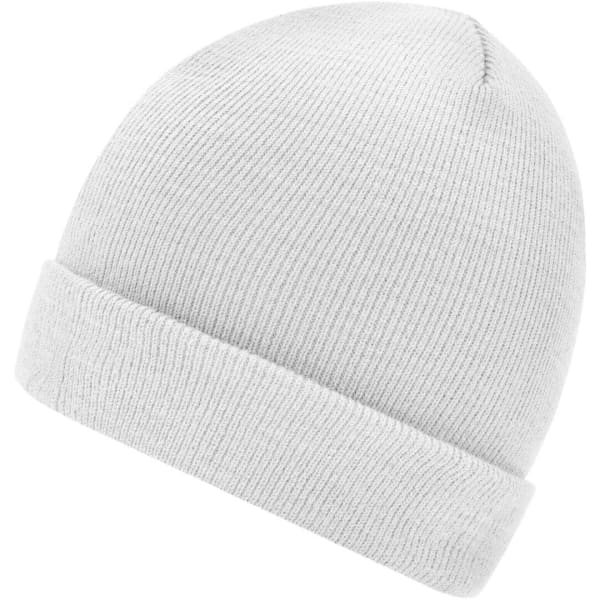 A knitted beanie in a soft white colour, featuring a cuffed design and a seamless knitted texture.