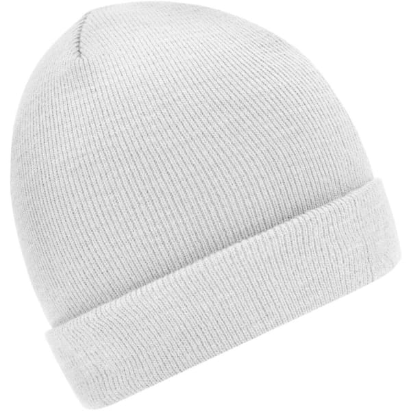 A knitted beanie in a light grey colour with a ribbed texture and a folded cuff. It features a logo.