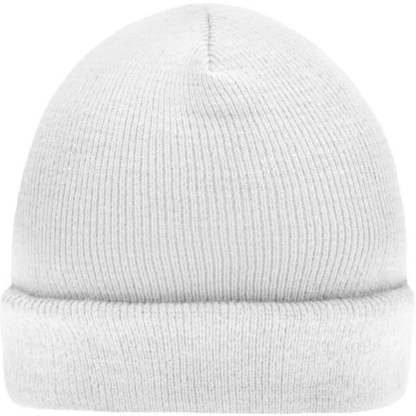 A white knitted beanie with a rolled cuff, featuring a simple design and no visible branding.