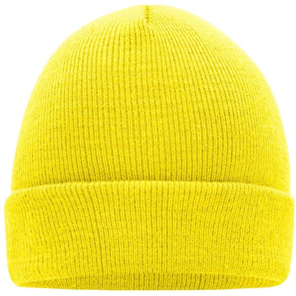 A bright yellow knitted beanie with a rolled cuff and a seamless design. It features a logo on the side.