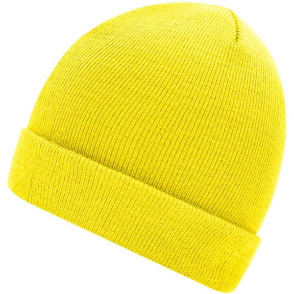 A bright yellow knitted beanie with a folded cuff and a smooth texture. It features a logo on the side.