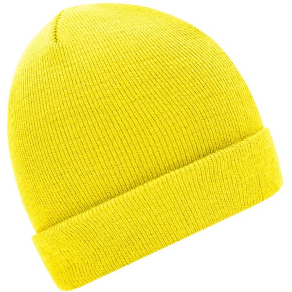 A bright yellow knitted beanie with a rolled cuff, featuring a logo on the front.