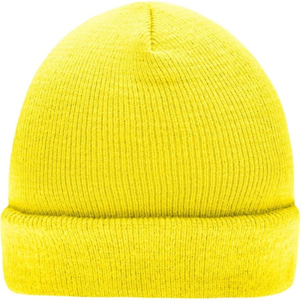 A knitted beanie in bright yellow, with a folded cuff and textured fabric. Features a logo.
