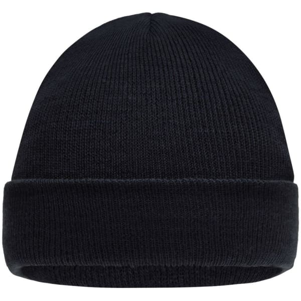 A knitted black beanie with a folded cuff and ribbed texture, featuring a logo. Perfect for kids' headwear.