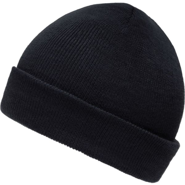 A black knitted beanie with a folded cuff, featuring a logo on the side. Ideal for kids' headwear.