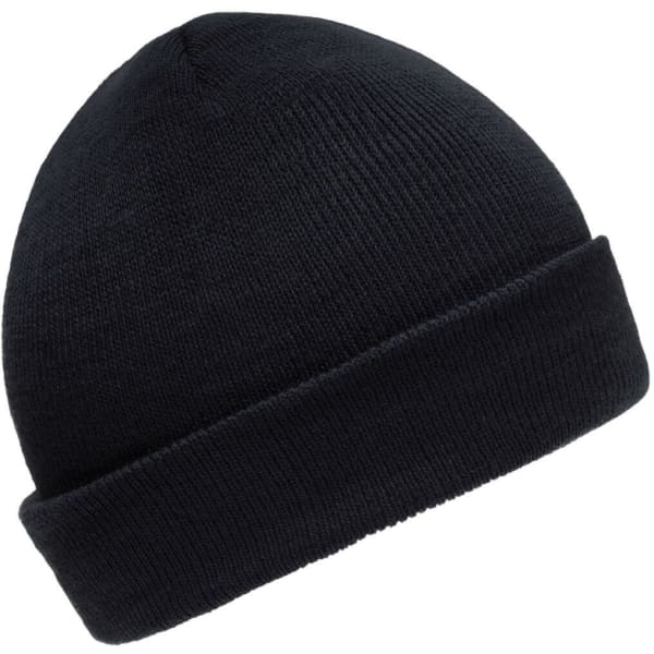 A black knitted beanie with a folded cuff, featuring a logo. Suitable for kids.