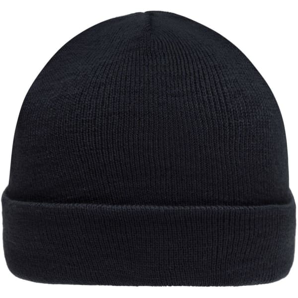 A knitted beanie in black, featuring a fold-up brim and a textured finish. It includes a logo.